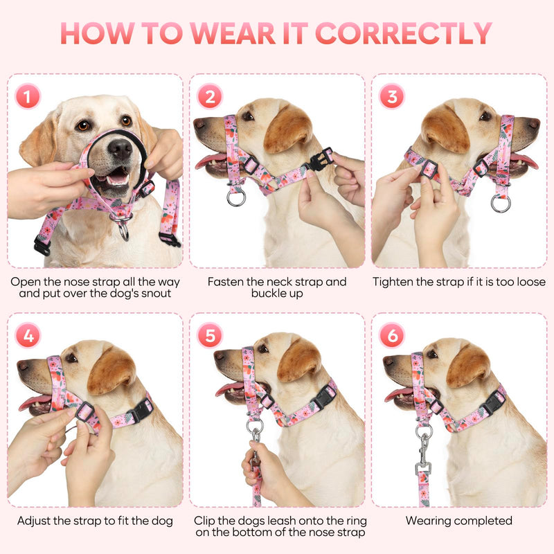 Dog Head Collar, Printed No-Pull Headcollar, Adjustable Dog Head Halter Gentle Lead with Safety Link, 3 Colors Muzzle Leash for Small Medium Large X-Large Dogs Easy Walks(Large, Mimosa) - BeesActive Australia