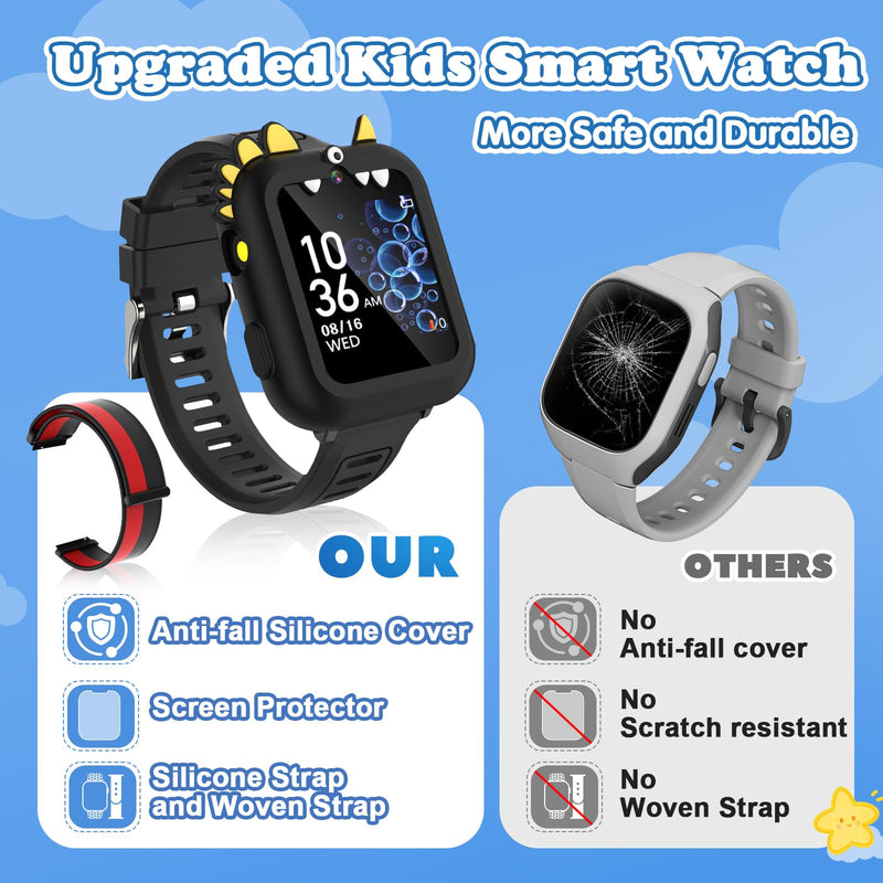 Kids Smart Watch Boys Gift Age 3-12 with 39 Games Alarm Clock Camera Video Music Player Pedometer Flashlight 12/24 hr HD Touch Screen Kids Watch Christmas Birthday Toys for Boys Ages 4 5 6 7 8 9 10 Black - BeesActive Australia