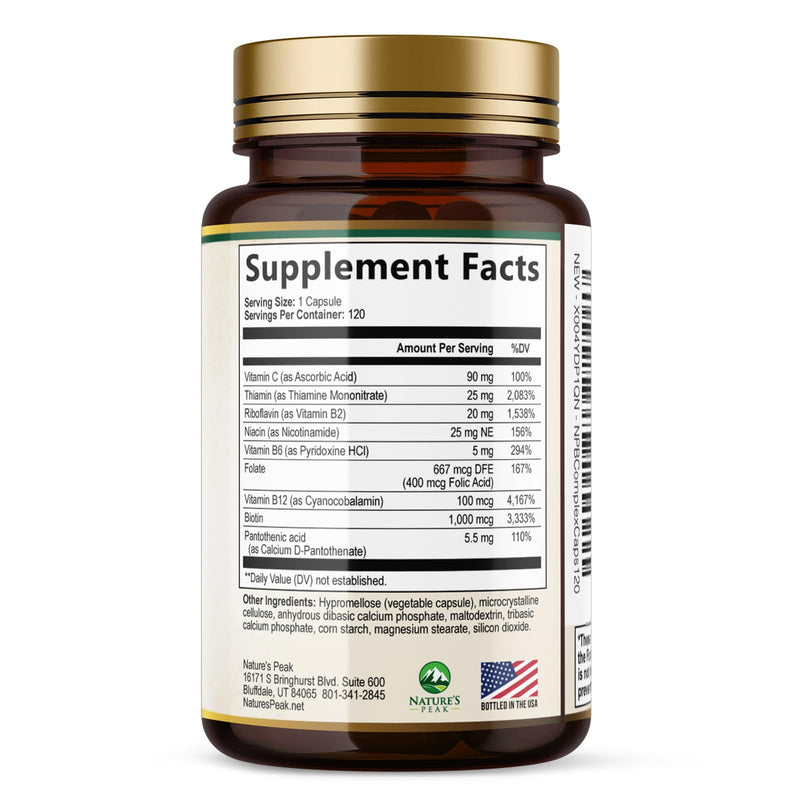 B Complex Vitamin Supplement with Vitamin C & Folic Acid - 120 Capsules | Super B Vitamin Complex - Contains B1, B2, B3, B6, and B12 vitamins for comprehensive nutritional support 120 Count (Pack of 1)