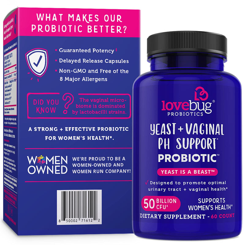 Lovebug Yeast + Vaginal pH Support | Clinically Studied Ingredients for Yeast & UTIs | Multi Strain 50 Billion CFU | 60 Capsules 60 Count (Pack of 1) - BeesActive Australia