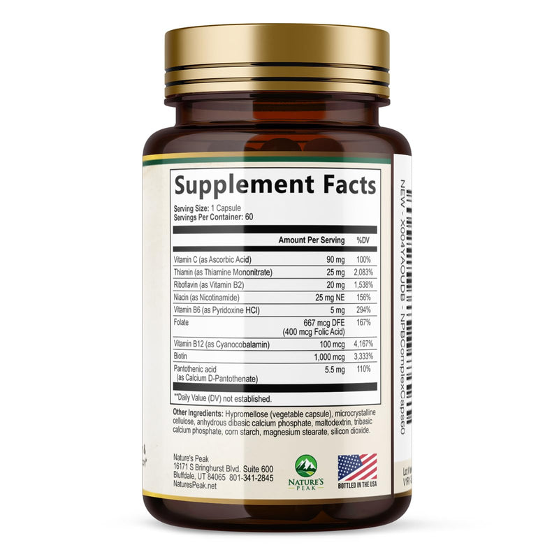 B Complex Vitamin Supplement with Vitamin C & Folic Acid - 60 Capsules | Super B Vitamin Complex - Contains B1, B2, B3, B6, and B12 vitamins for comprehensive nutritional support 60 Count (Pack of 1)