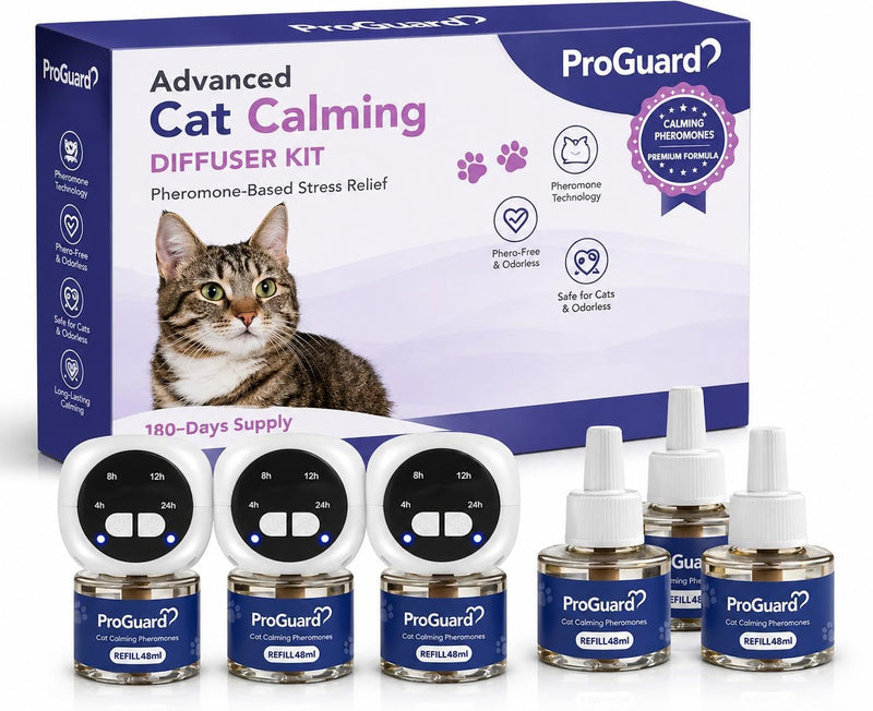 ProGuard® Cat Calming Diffuser Kit with Timer – Advanced Support to Reduce Stress, Spraying, Scratching, Fighting and Hiding – Cat Pheromone Diffuser 9-in-1 with 3 Diffusers with Timer + 6 Refills