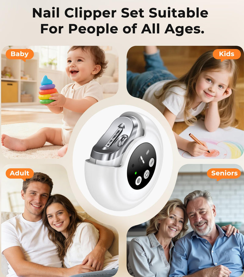 Electric Nail Clippers for All Ages, Rechargeable Safety Grinder, Pinch-Free Auto Trimmer with Debris Catcher, 3-Speeds Nail File and Polisher with LED Light, Quiet Care for Baby, Seniors and Adults White