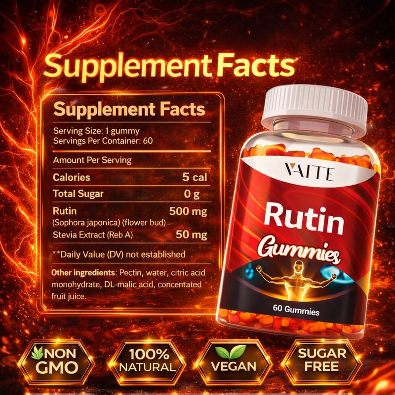 Rutin Supplement 500mg - Sophora Japonica Extract with Bioflavonoids - Antioxidant & Wellness Chewables for Daily Use - Plant-Based Flavonoid Complex - Supports General Well-Being - 60 Vegan Gummies