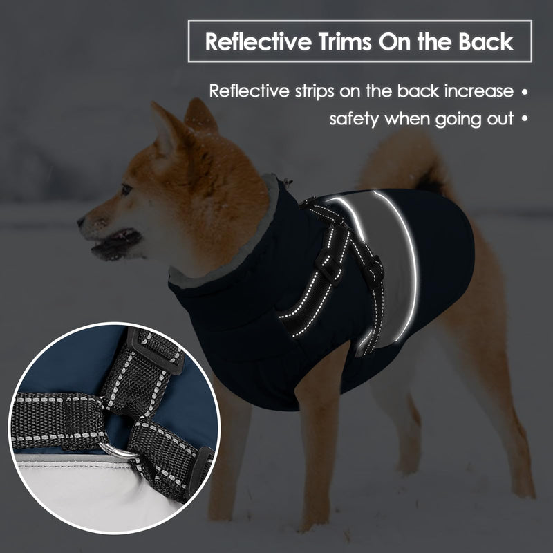 SUNFURA Dog Winter Coat, Waterproof Dog Jacket Dog Coat with Harness for Medium Dogs Boys Girls, Reflective Fleece Lined Dog Snow Jacket Pet Sweaters for Pug, Jack Russel, Boston Terrier, Blue M Navy Blue - BeesActive Australia