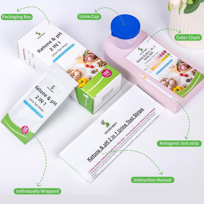 2-in-1 Ketone Test Strips, 100cts Keto and pH Strips Urine Test for Ketogenic & Low-Carb Diets with Urine Cup, Ketosis & pH Test Strips for Urine