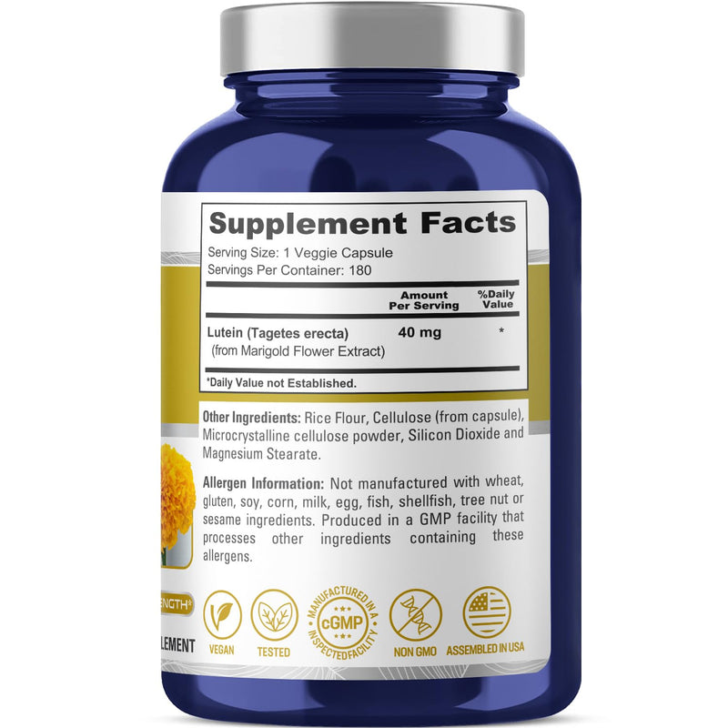 NusaPure Lutein, Non-GMO, Vegan, 40mg, 180 Veggie Capsules - 180 Servings | Carotenoid Formula, Tagetes Erecta, Marigold Flower Extract, Suitable for Adults, Made in cGMP Registered Facility USA