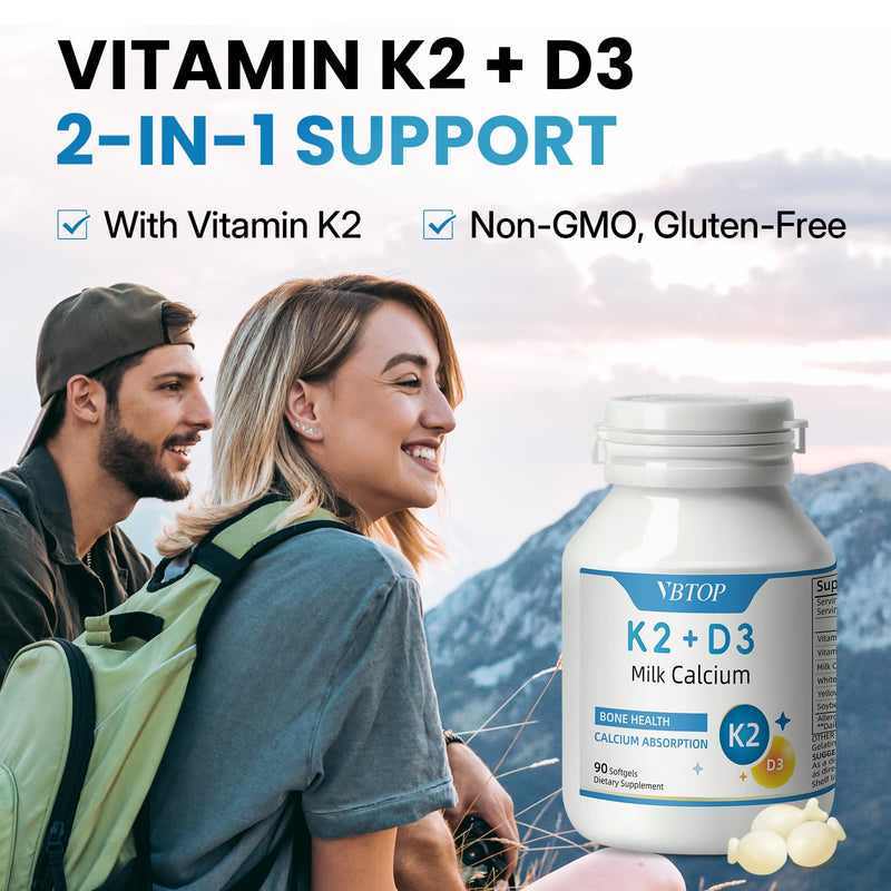 Milk Calcium 800mg with Vitamin D3 & K2, Easy-Absorb, 90 Softgels | 1000 IU Vitamin D3, 45mcg Vitamin K2, Non-GMO, Gluten Free, Supports Bone Density & Joint Health 1 Bottle