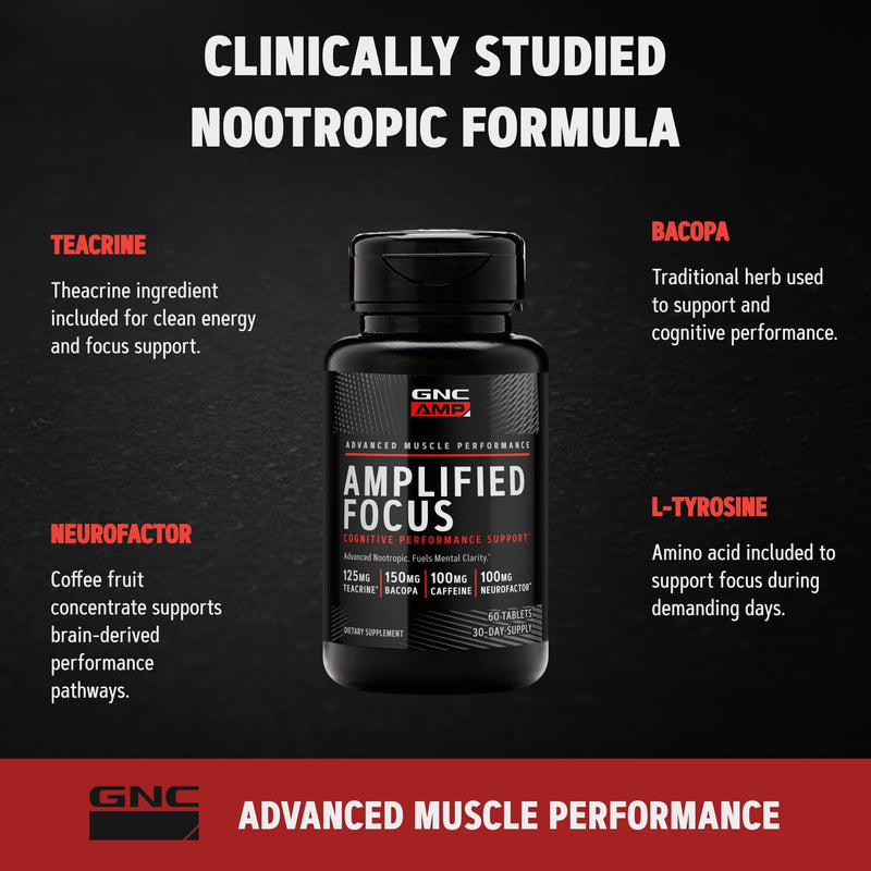 GNC AMP Amplified Focus, Fuels Mental Clarity, 60 Tablets | Features Teacrine, Bacopa, Caffeine, and NeuroFactor to Support Cognitive Focus, Concentration, and Memory