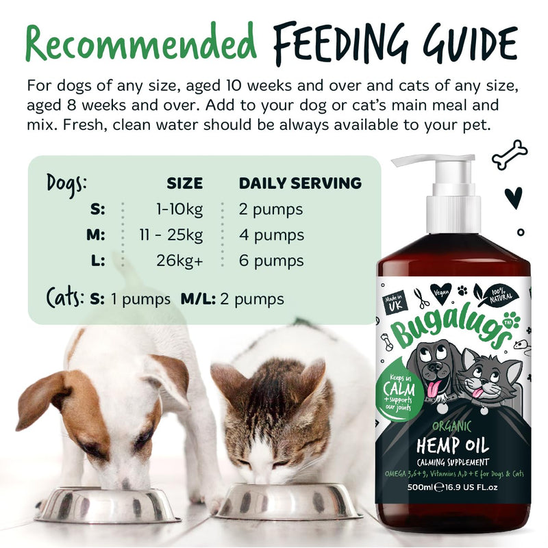 BUGALUGS Dog Calming Hemp Oil Supplement for Dogs & Cats | For Dog Emotions, Dog Barking | Omega 3,6,9 | High Strength 500,000mg | Supports & Maintains Healthy Joints | Add To Food Or Chew's | 500ml