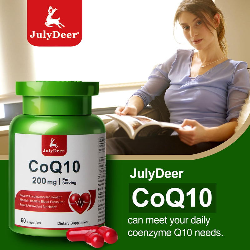 JulyDeer CoQ10 200mg with Vitamin E 20mg Coenzyme Q10 Supplement 60 Caps | 3-Party Tested, Non-GMO, Gluten-free, High Absorption Antioxidant Support Heart, Energy, Overall Health for Women and Men 60 Count(Pack of 1)