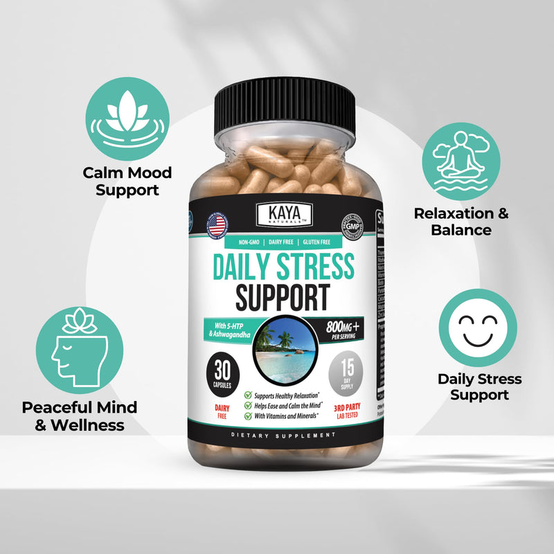 Kaya Naturals - Natural Herbal Stress Relief Support Vitamin Supplement to Relax and Calm the Mind - Boost Mood - Happy Pills - Anxiousness Support - 30 Capsules 30 Count (Pack of 1)