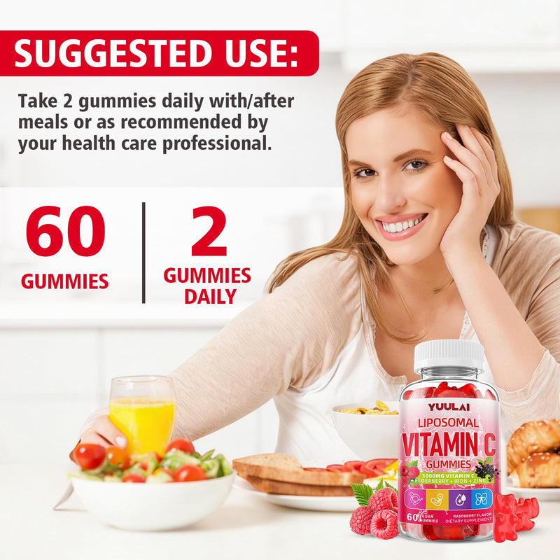 Liposomal Vitamin C 1000mg Gummies for Adults, Vitamin C Chewable with Iron, Zinc & Elderberry for Immune Support & Energy, Sugar Free, Raspberry Flavor, 60 Count 60 Count (Pack of 1)