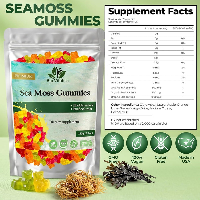 Sea Moss Gummies – with Bladderwrack & Burdock Root – Wildcrafted Gel + Powder – Vegan, Keto, Non-GMO, Gluten-Free – Fruity Mineral-Rich Gummies – 50 Count (3 Pack) 50 Count (Pack of 3)