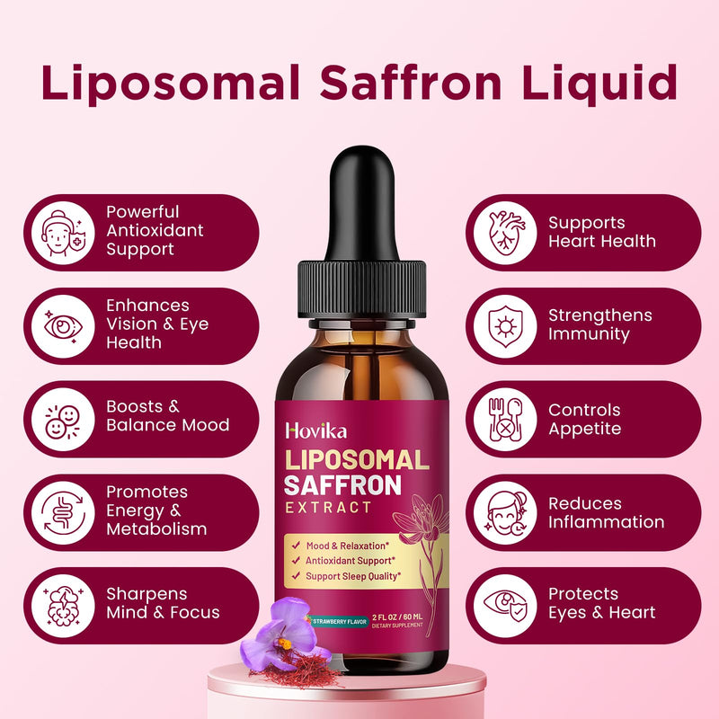 2 Pack Liposomal Saffron Supplements - 88.5mg Saffron Extract Liquid Drops with L-Theanine, Chamomile, Vitamin C, B6, B12 & D3 for Antioxidant, Immune, Mood, Energy, Focus & Sleep - Strawberry Flavor 2 Fl Oz (Pack of 2)