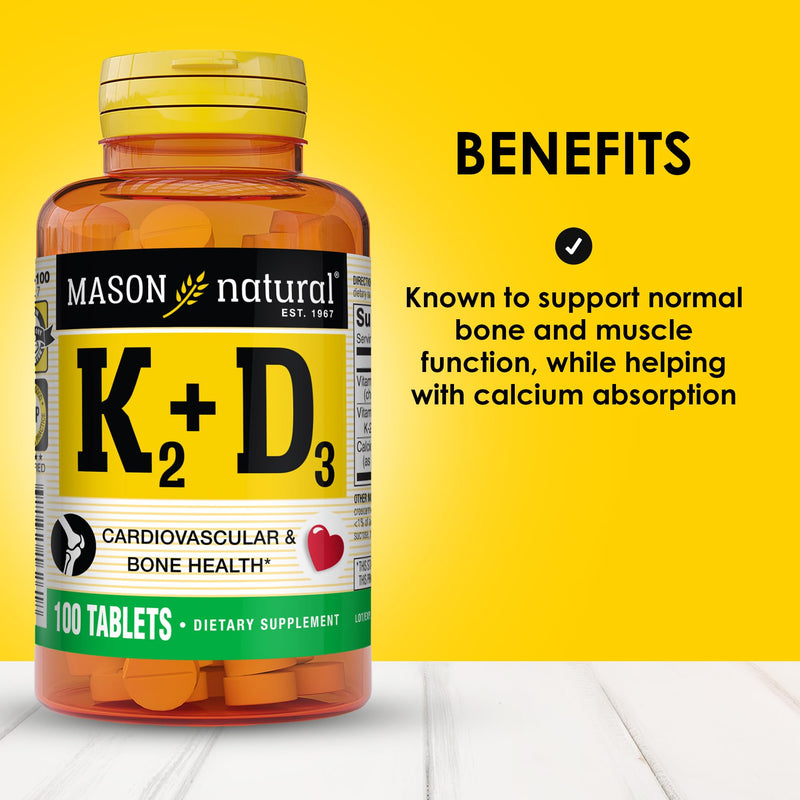 MASON NATURAL Vitamins K2 & D3 with Calcium, 300 Day Supply | 100mcg K2 with 25mcg (1000 IU) D3 & calcium to support normal bone & muscle function and calcium absorption; 300 tablets