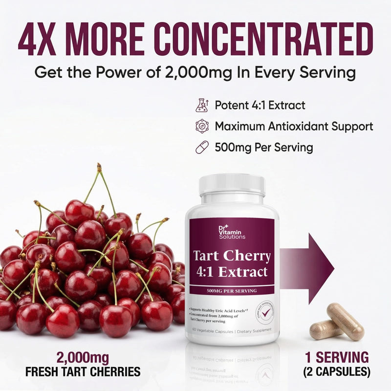 Tart Cherry Extract Capsules 2000 mg - Joint and Sleep Support Supplement | 4:1 Concentrated Formula, Uric Acid and Antioxidant Support, 60 Vegetable Capsules, 30 Day Supply, Non-GMO, Made in USA