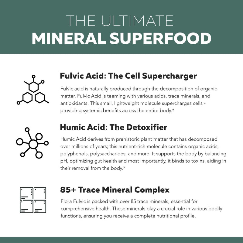 Flora Fulvic | Fulvic Acid + Humic Acid Complex – 550 mg |Mined in Utah, Prehistoric Deep Earth Extract | Immunity, Gut, Digestion – Natural Trace Mineral Complex, Fulvic Acid Supplement – 60 Capsules - BeesActive Australia