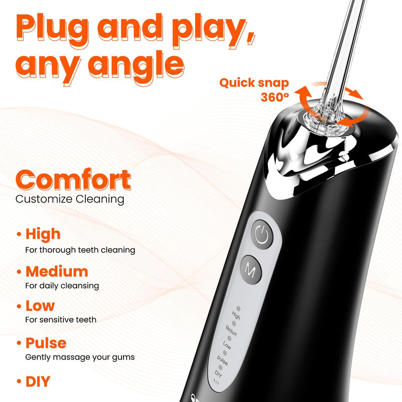 Water Dental Flosser Pick for Teeth - 300ML Portable Cordless Oral Irrigator, Rechargeable Irrigation Cleaner Professional Electric Flossing Machine for Teeth Cleaning Power Flosser Travel (Black) Black
