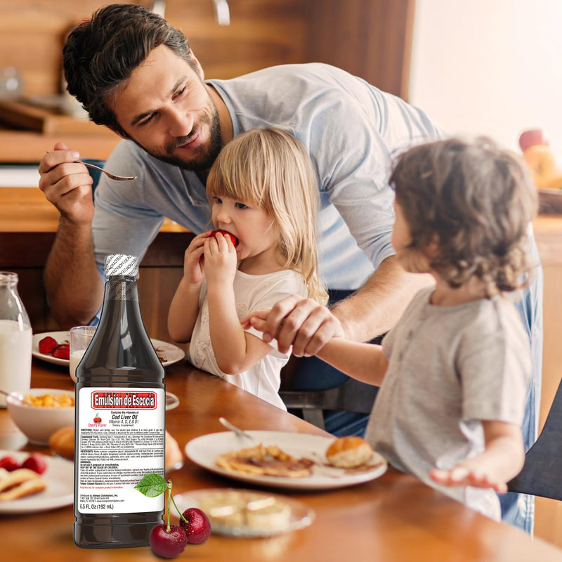 Emulsion de Escocia Cod Liver Oil, Cherry Flavor, 6.5 fl oz (1 Pack) – Fish Oil with Vitamins A, D, E, B1, Omega-3 for Immune and Bone Health, Kids & Adults Regular size
