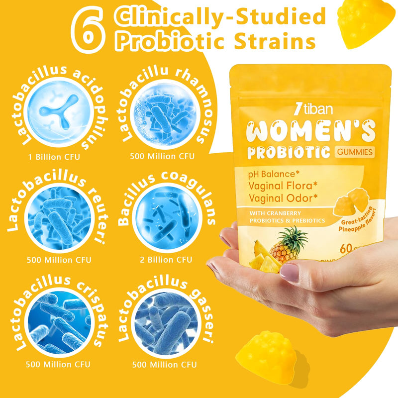 Vaginal Probiotics Gummies for Women, Premium Feminine pH Balance Gummies, Healthy Odor, Yeast Balance & Flora + Vitamin C for Immune Support, 60ct Pineapple Flavor