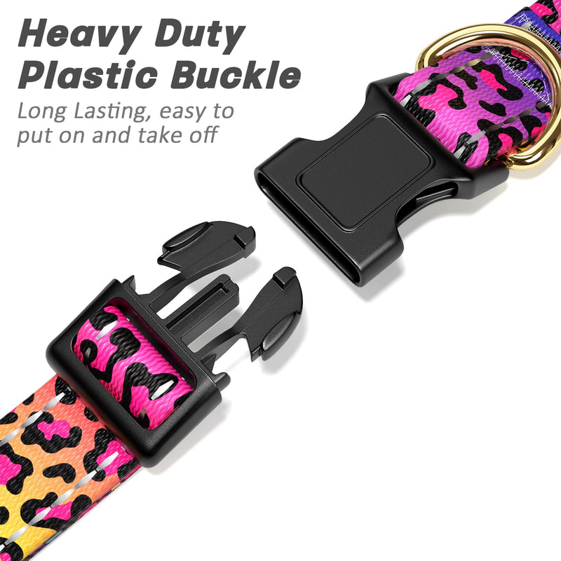Reflective Dog Collar, Cute Leopard Style Dog Collar for Small Dogs, Soft Nylon Puppy Collar for Boy and Girl Female Dog, Adjustable Heavy-Duty Pet Collars with Quick Release Buckle, Neon Neon Leopard Print S (Neck 10-16", Width 3/4") - BeesActive Australia
