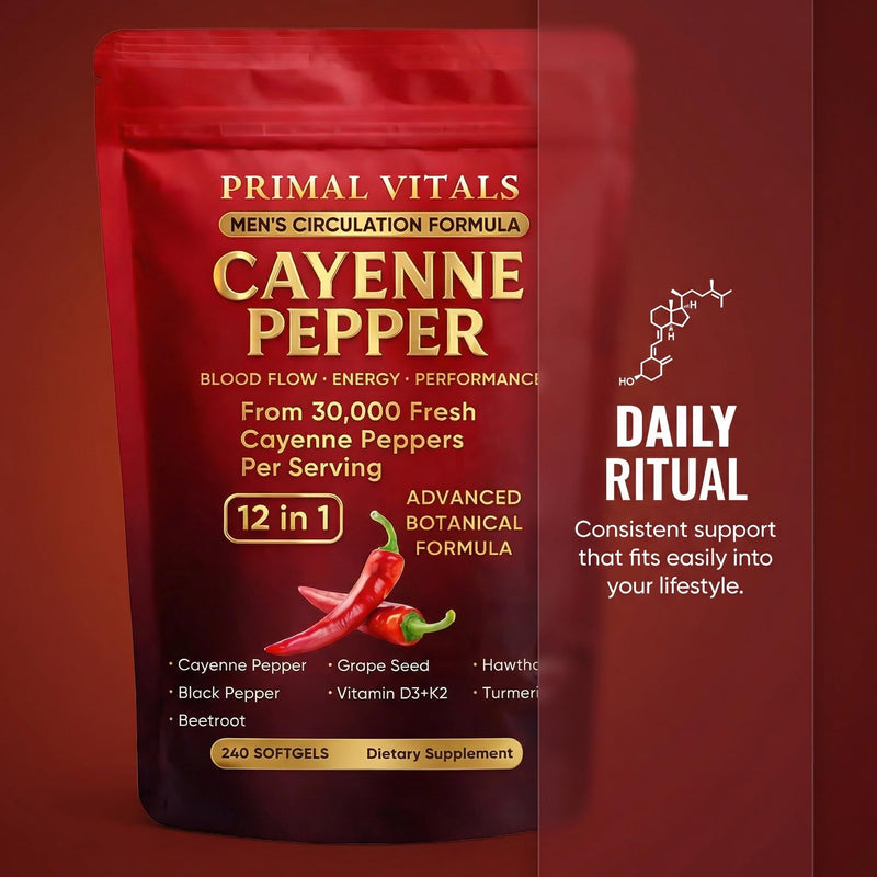 Primal Vitals Cayenne Pepper Softgels - Apex Vitals 12-in-1 Botanical Blend with Grape Seed, Hawthorn, Turmeric, Beetroot, Black Pepper & Vitamin D3 + K2, Wellness & Circulation Support - 240 Softgels