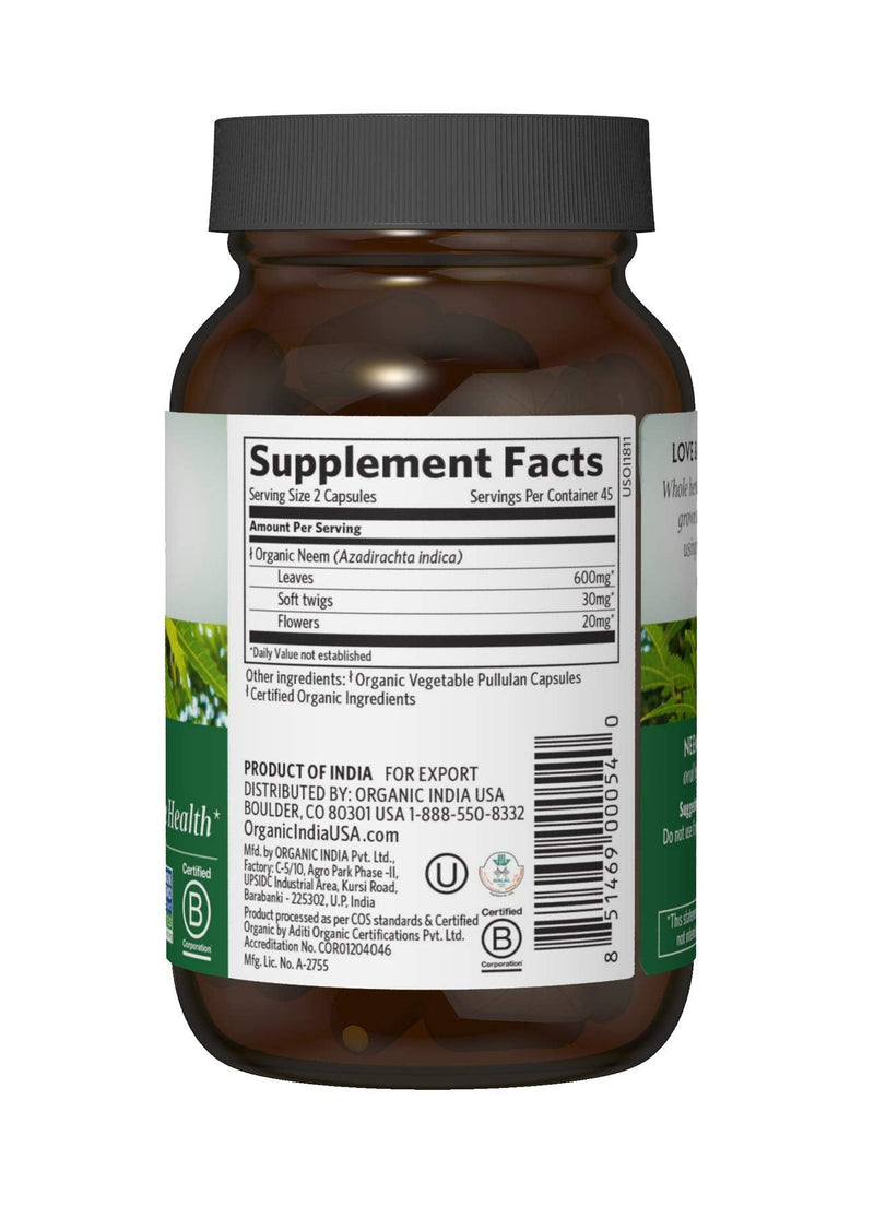 ORGANIC INDIA Neem Leaf Capsules, Herbal Supplement - Supports Skin, Immune, & Liver Health, Detox, Vegan, Gluten-Free, USDA Certified Organic - 90 Capsules (2-Pack)