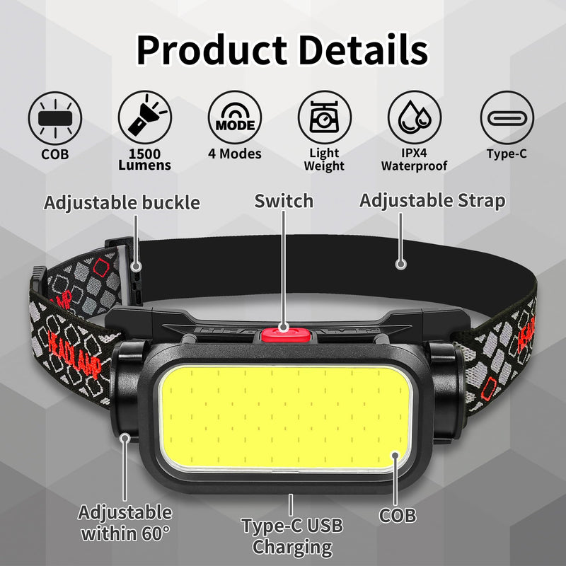 2pcs Rechargeable LED Headlamp, 8900 Lumens Super Bright Headlight with Motion Sensor, 9 Modes Zoomable Head Lamp, 180°Adjustable, IPX7 Waterproof Head Lamp for Camping, Running, Climbing, Hiking 2