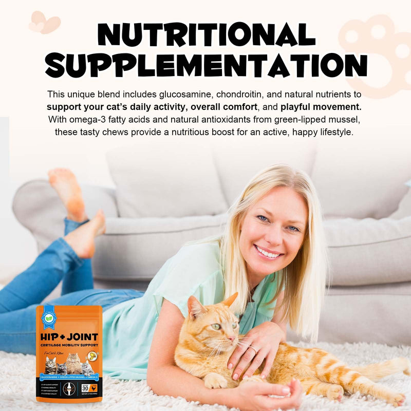 Cat Hip & Joint Health Chews – Supports Mobility & Cartilage with Glucosamine & Green Lipped Mussel,Crunchy Outside & Soft Inside Chicken Flavour, For Cats & Kittens 100g (30-Day Supply)