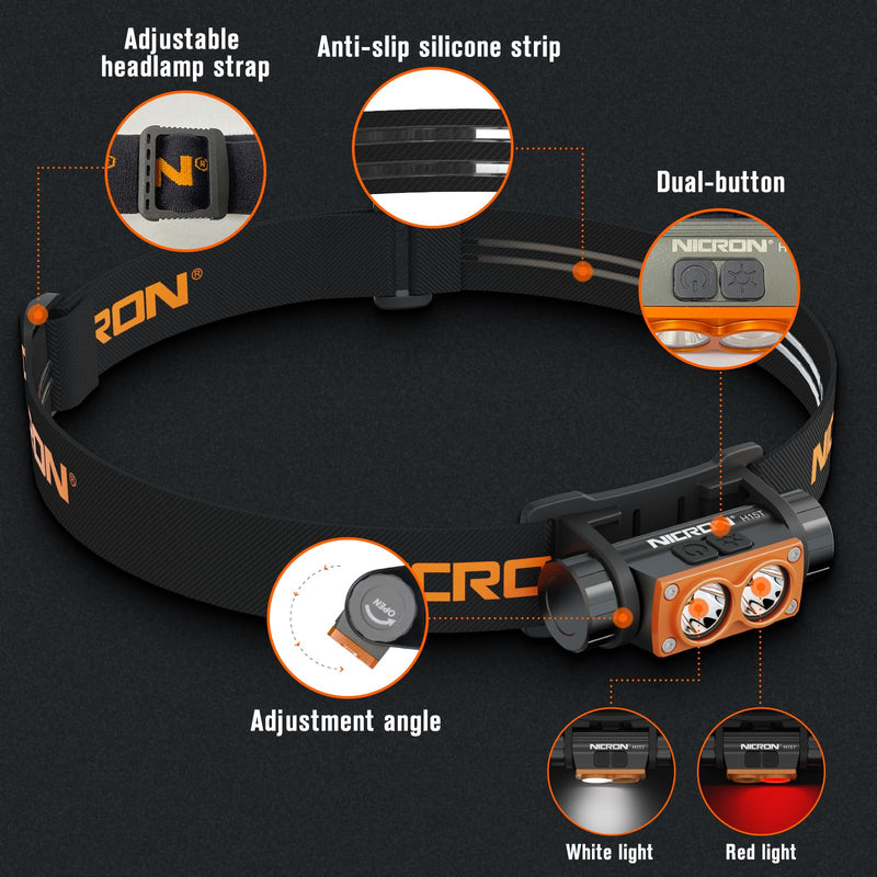NICRON H15T Headlamp Rechargeable, 500 Lumens LED Headlamp with Red Light, IP67 Waterproof 8 Modes Head Leamps for Camping Running Fishing Adults Black - BeesActive Australia