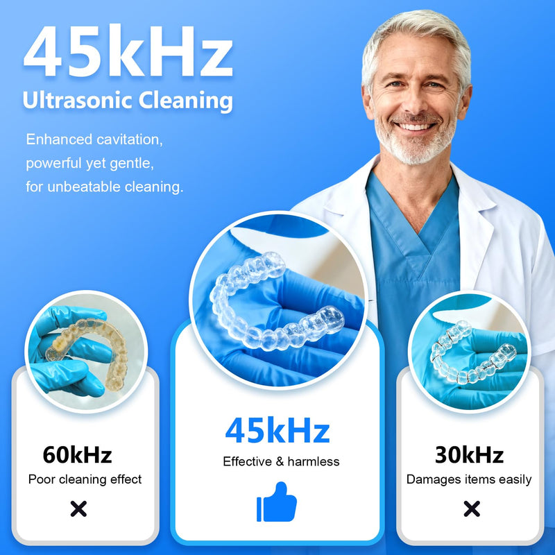 Dental Ultrasonic Retainer Cleaner Machine - Dental Cleaning Pod for Denture, Mouth Guard, Aligner, Night Guard, Braces, Toothbrush Heads, Jewelry, 45kHz Sonic Cleaner with Digital Timer & 200ML Black