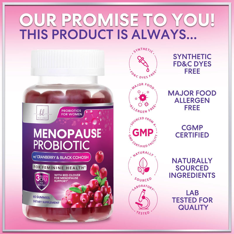 Menopause Supplements for Women Gummies - Black Cohosh, Cranberry, 3 Billion CFU Probiotics per Serving - Complete Menopause Relief for Hot Flashes, Night Sweats, Vaginal Health Support - 60 Gummies