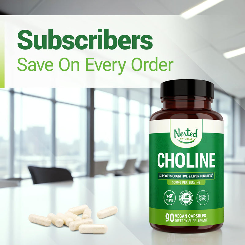 Nested Naturals Choline Bitartrate 500mg - High Potency Choline Supplements - Supports Cognitive Performance & Liver Function - 100% Vegan & Non-GMO Choline - 90 Vegan Capsules 90 Count (Pack of 1) - BeesActive Australia