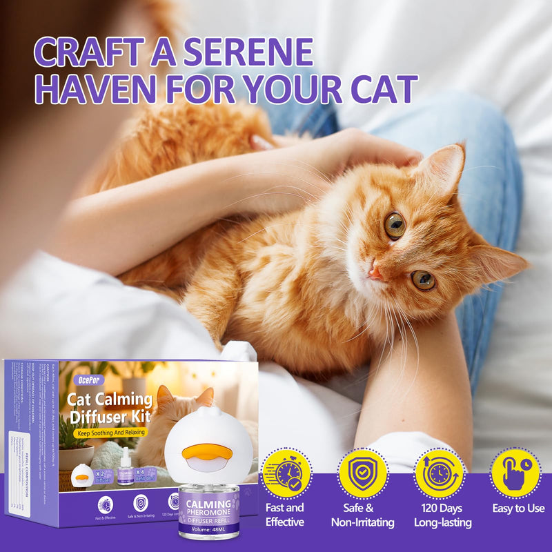 OcePor Cat Calming Diffuser 4 Refill Solutions, 2 Plugs- Cat Pheromones Calming Diffuser Refill, Pheromone Diffuser to Calm Cats, Cat Anxiety Relief
