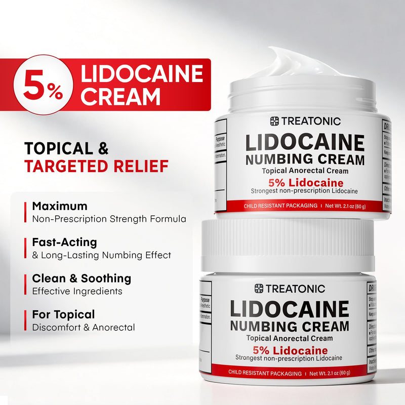 Treatonic 5% Lidocaine Numbing Cream: Lidocaine Cream Maximum Strength for Pain Relief, Itching, Burning, Soreness, Hemorrhoid Treatment - Fast Acting & Long Lasting Numbing Cream - 2.1 oz 1-Pack (5% Cream / 2.1 oz) - BeesActive Australia