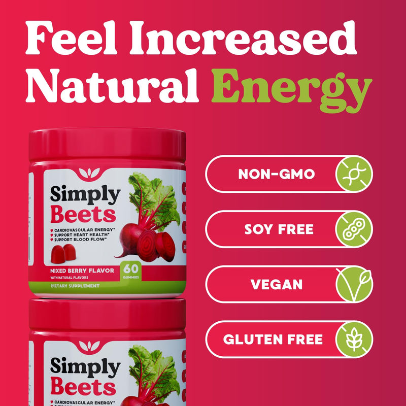 Simply Nature's Pledge Beet Gummies, CoQ10, Grape Seed Extract (Pack of 2) | CoQ10, Nitric Oxide & Energy Support, Non-GMO Beetroot Powder & Grape Seed Extract, Natural Mixed Berry Flavor 60 Count (Pack of 2)