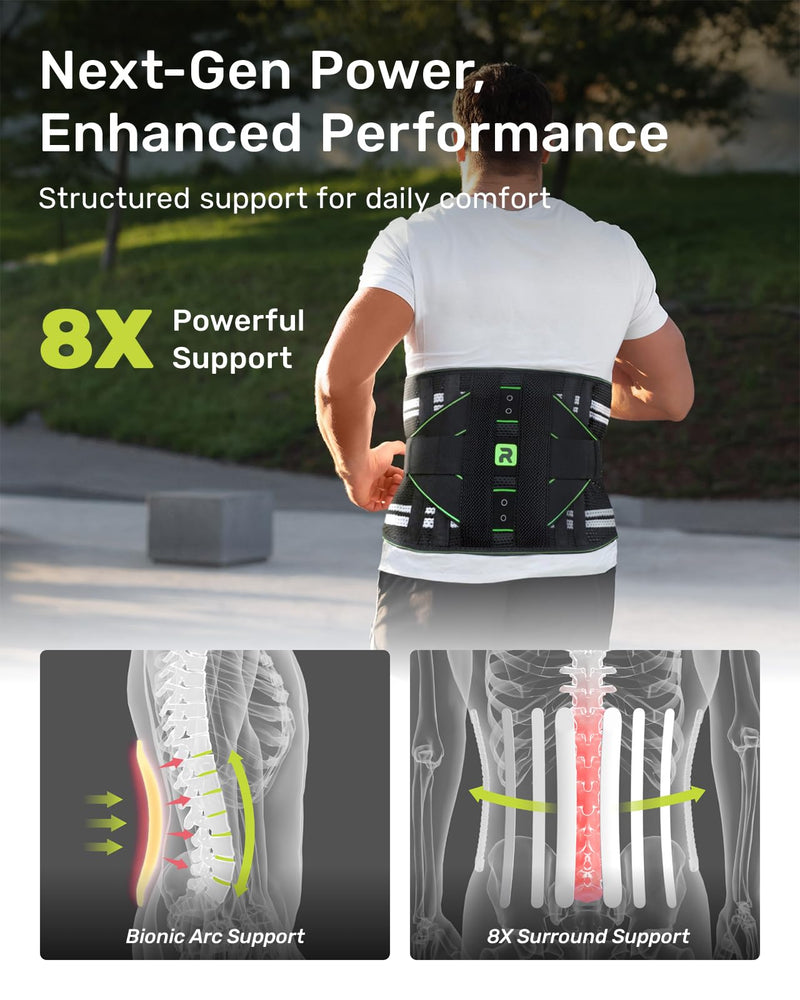 Rakiie Back Brace for Lower Back Pain Relief, 8 Stays Powerful Lumbar Support for Men Women, Back Support Belt with 3D Pad, Breathable Back Support Brace with Adjustable Strap for Herniated Disc, Sciatica, Green Size M Medium - BeesActive Australia
