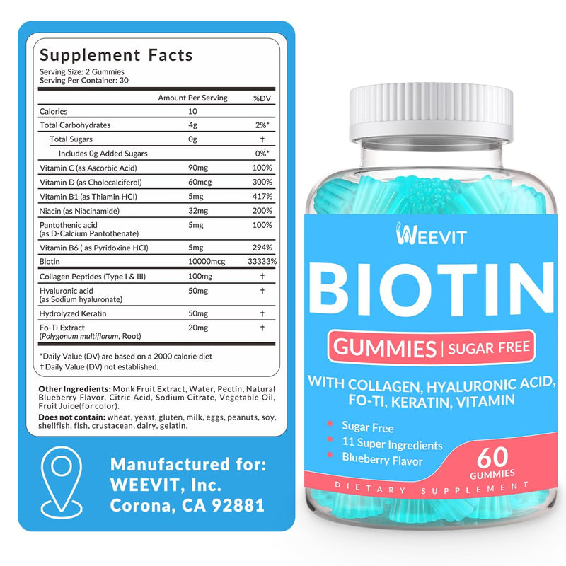 Biotin Gummies, 10000mcg Biotin and Collagen Supplement for Women Men | Non-GMO, Sugar Free 60 Count (Pack of 2)