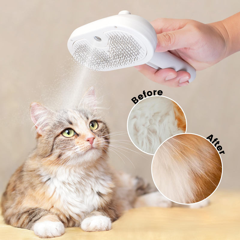 Cat Steam Brush, 3 In 1 Steamy Pet Brush with Release Button and Tank, Anti-Static Cat Steamy Brush for Effective Hair Removal, Rechargeable Steam Cat Brush for Furry Pet White - BeesActive Australia