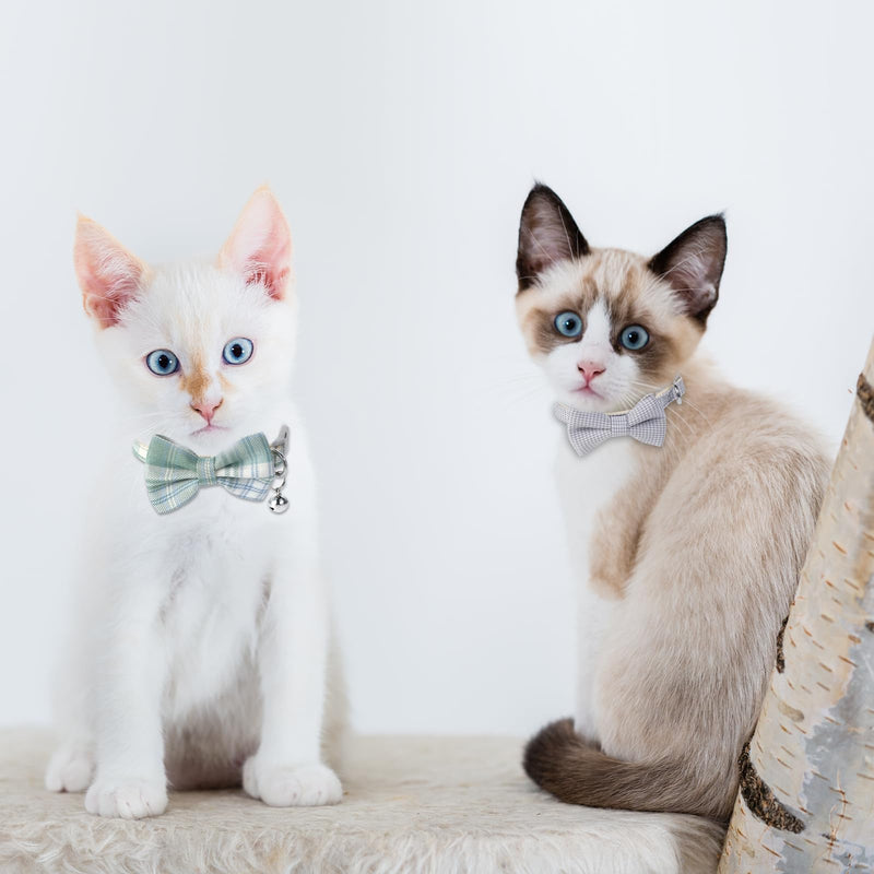 2PCS Cat Bow Tie Collar with Bell, Cat Collar Breakaway Washable Cute Elegant Plaid Pet Bow Tie for Cat Dog, Adjustable from 9-11.8 Inch(Gray, Light Green) - BeesActive Australia