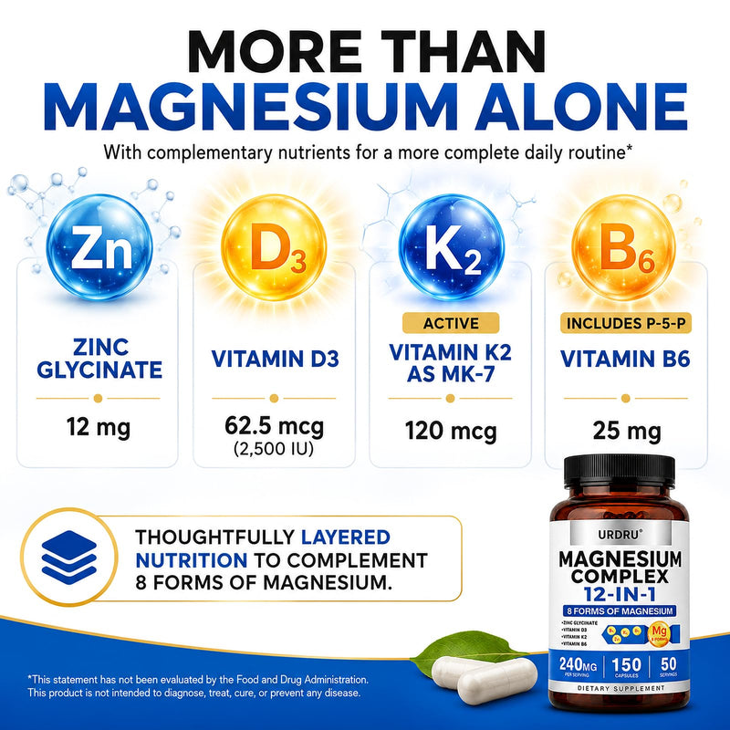 12-in-1 Magnesium Complex Supplement, 8 Forms with Vitamins D3, K2, B6 and Zinc Glycinate, 240 mg per Serving, 150 Veggie Capsules (1 Pack) 1