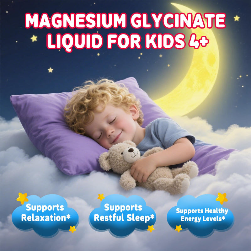 Kids Magnesium Glycinate Liquid Drops‌ – with L-Theanine, Omega-3, Vitamins B6 & D3, Zinc & Calcium – for Sleep Support, Relaxation, Focus & Brain, Bones – Strawberry Flavor, 4 Fl Oz 2 Fl Oz (Pack of 2)