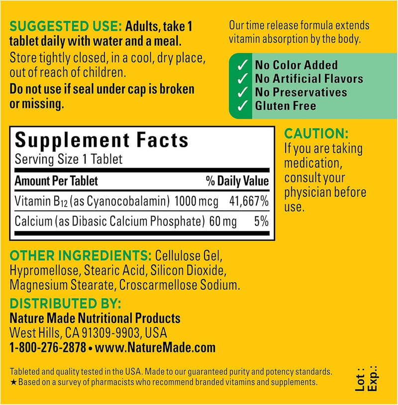 Nature Made Vitamin B12 1000 mcg, Dietary Supplement For Energy Metabolism Support, 75 Time Release Tablets, 75 Day Supply 75 Count (Pack of 1)