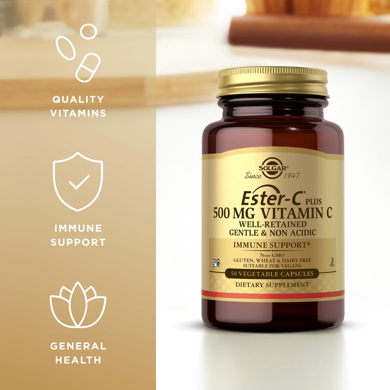 Solgar Ester-C Plus 500 mg Vitamin C (Ascorbate Complex) - 50 Vegetable Capsules - Gentle & Non Acidic - Antioxidant & Immune Support - Non GMO, Vegan, Gluten Free, Kosher - 50 Servings 50 Count (Pack of 1)