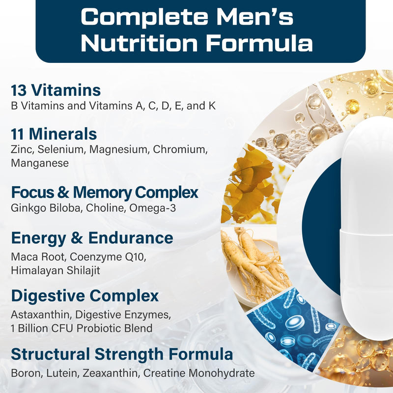 Multivitamin for Men 50+ with Methylated B12 & Folate, 90 Capsules | 43-in-1 iron-free men’s formula with Omega-3, CoQ10, fermented herbs, probiotics, and daily wellness support 90 Count (Pack of 1)