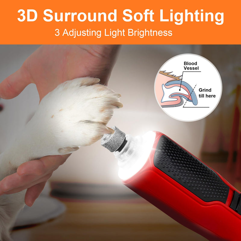 Dog Nail Grinder, 7-Speed with 360°LED Lights,Type-C Rechargeable Super Quiet and Low Vibration Electric, Dog Nail Trimmers for Large Medium Small Pets Cats Paws Grooming (Red) Red - BeesActive Australia