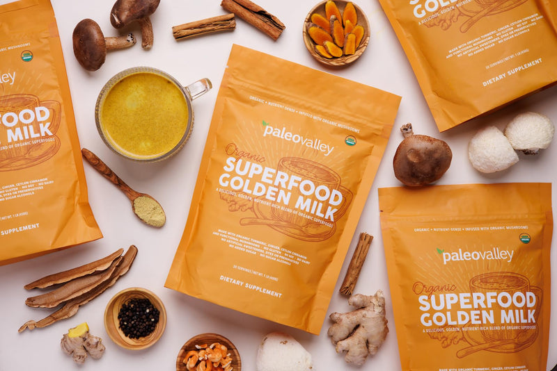 Paleovalley Organic Superfood Golden Milk - Immune, Focus, Cognitive, Longevity - Turmeric, MCT-Rich Coconut Milk, Functional Mushrooms, 28 Servings