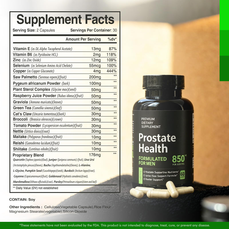 Prostate Health Supplement to Promote Urinary Tract Function - 850mg Per Serving - 60 Count - DHT Blocker Hair Vitamin - Vegan, Non-GMO Capsules (60 Count (Pack of 1)) 60 Count (Pack of 1)