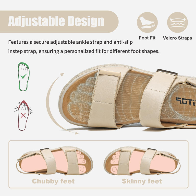 ziitop Espadrille Wedges for Women Platform Sandals Orthopedic Arch Support 8.5 Apricot